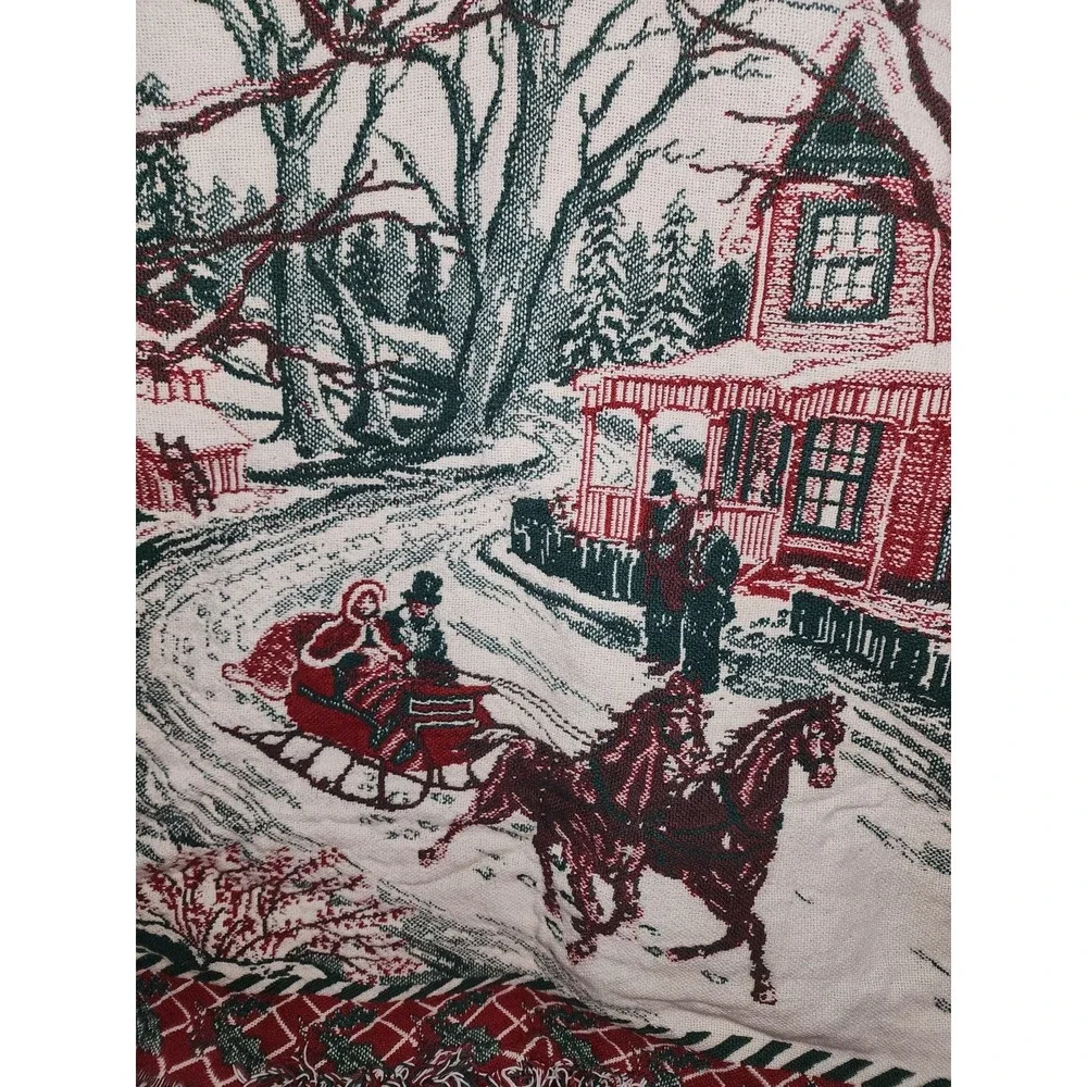 Beautiful Winter Scene Woven Blanket‎ Horse Sled Barn Snow